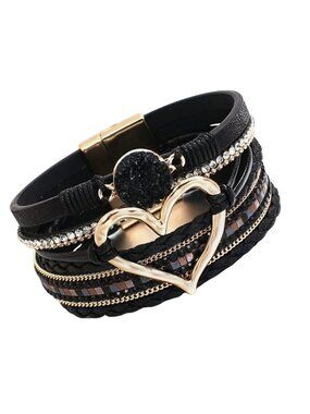 Black Quartz Gold Tone Heart Multi-Layer Leather Wrap Bracelet